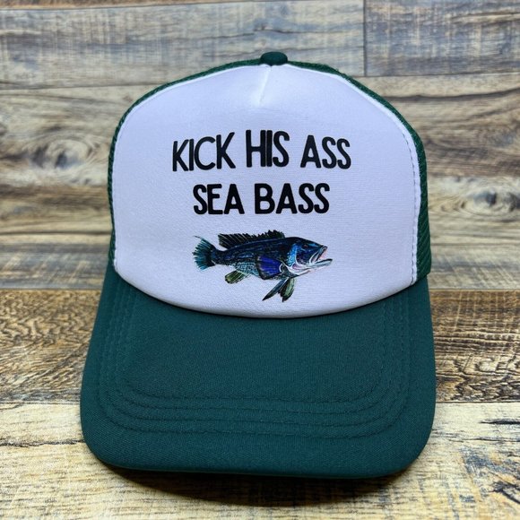 Dumb & Dumber Kick His Ass Seabass Mens Trucker Hat Green Snapback Fishing Cap - Picture 2 of 8